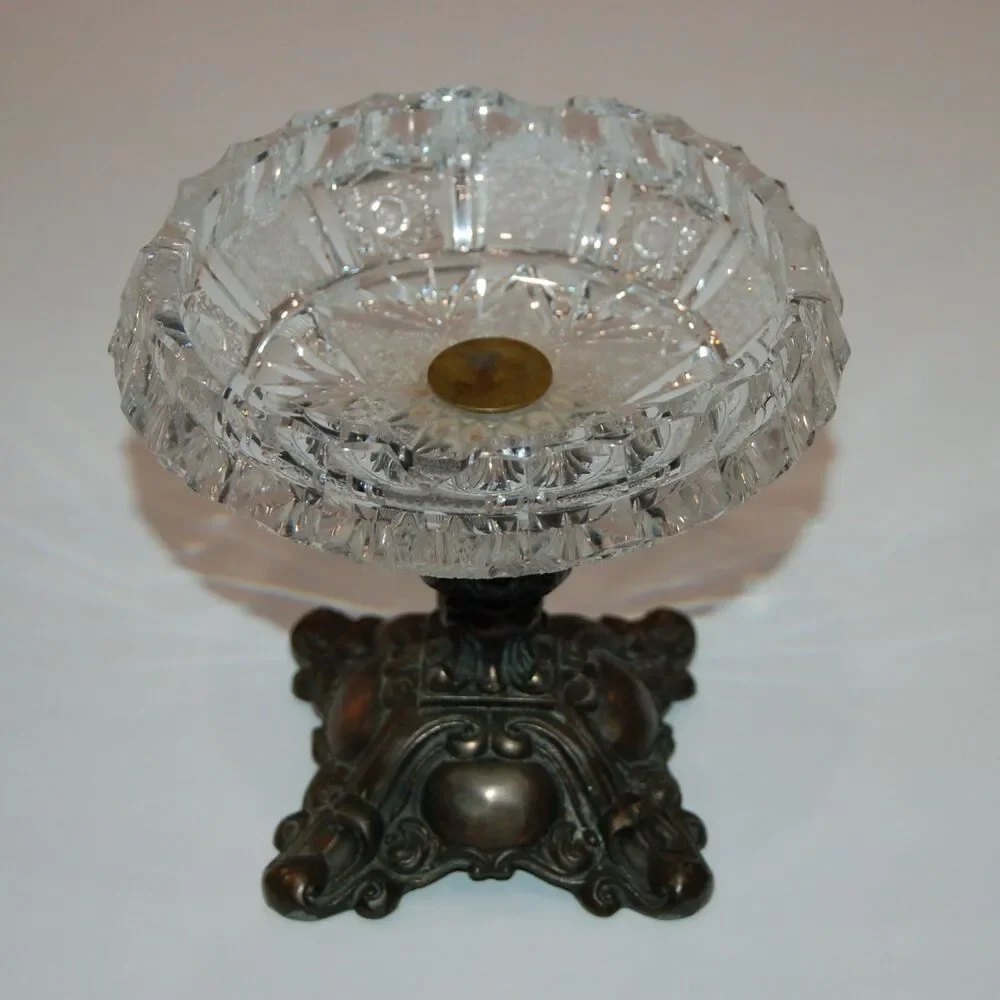 VINTAGE L&L BRASS PEDESTAL CUT GLASS #8303 ASHTRAY DISH COMPOTE 5.5